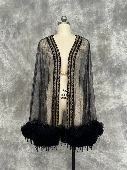 and Fringe Sheer Gold Tulle Black Beaded Cape Ouji with Lolita