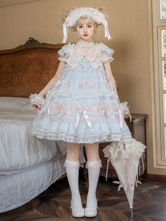 Striped Bows Pattern Sweet Decorated Dress Lolita Blue Pink