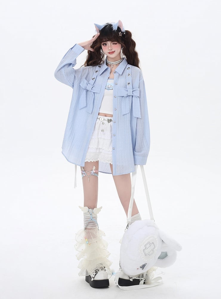 ライトブルー/ライトピンクのビッグリボンセミシアーシャツ