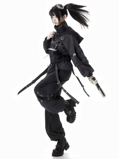 Black Buckle Straps Elastic Waist Cargo Pants