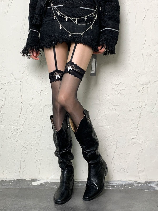 ゴシックブラックY2K蝶結びサスペンダータイツ