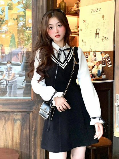 Black Fake Two Piece Polo Collar Dress with Bow - Qchiwawameme