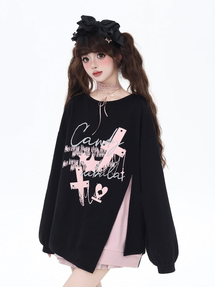 Rosa/schwarzes Sweatshirt mit seitlichem Kreuzschlitz und großer Schleife auf der Rückseite