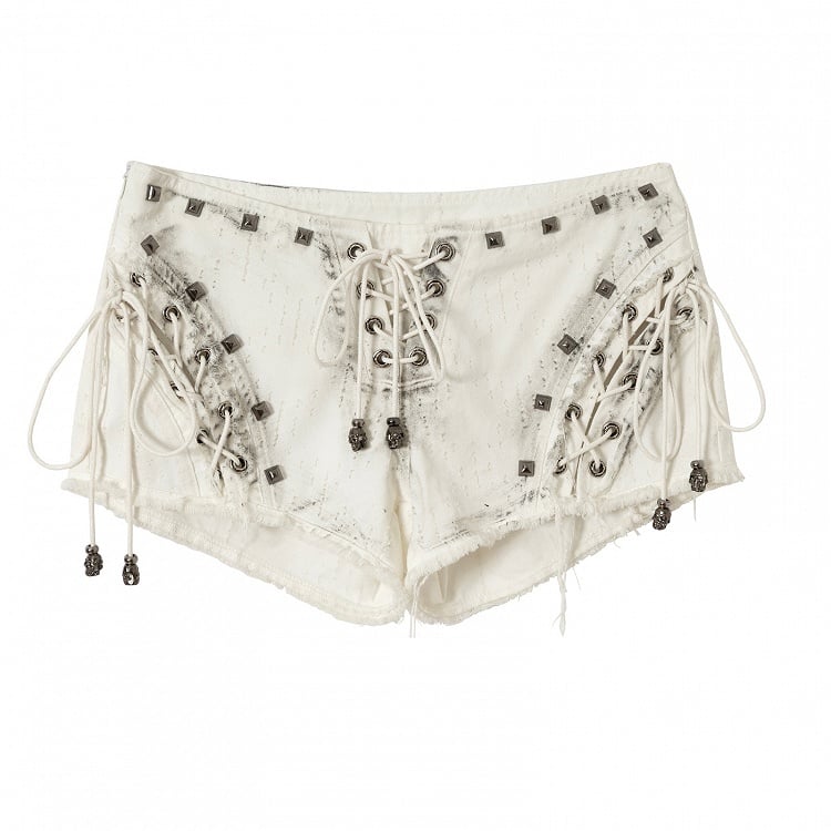 Studs Lace-up Shorts Punk Hem Raw Details Black/White Decorated Wasteland