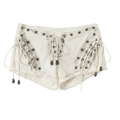 Studs Lace-up Shorts Punk Hem Raw Details Black/White Decorated Wasteland