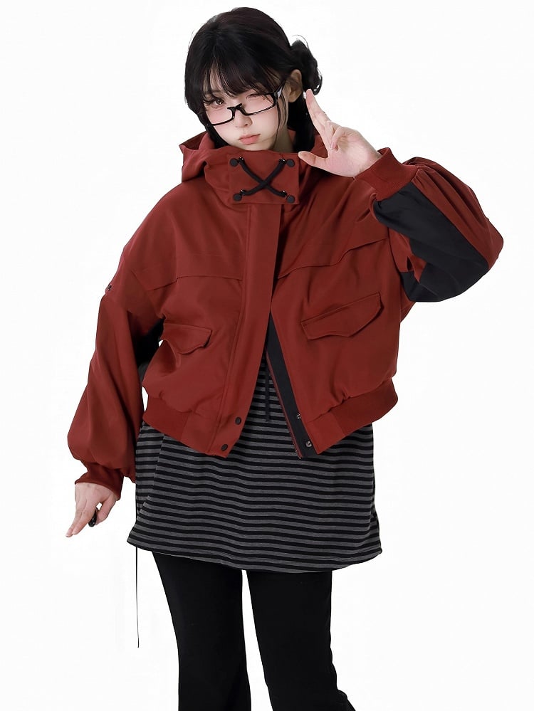 Black and Grey PU Bat Buckle Strap Bear Ears Striped Hoodie