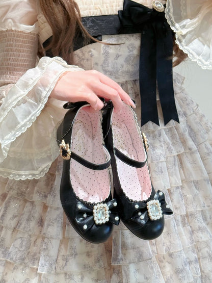 ジェーンズとラウンドロリータブラックトゥビーズディテールラインストーン装飾シューズメアリーボウノット