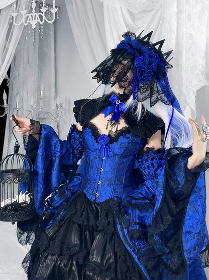 Klein Blue Black Gothic Corset Ensemble Skirt Collar Bell Sleeves - Somnium Isle