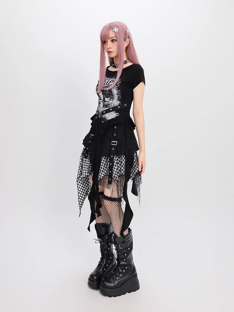 Taschentuch Saum Mesh Patchwork Y2K Schwarz Blau/ Weiß Karierter Rock Schwarz