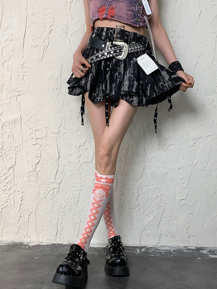 Stockings WhiteOrange Banded Bunny Y2K Underknee Print Crisscorss And Bowknot