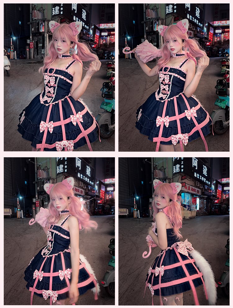 Pink Plaid Big Bow Faux Fur Kitty Tail