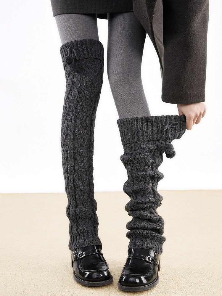 Warmers 4-Color Knit with Detail Cable Leg Pom-Pom