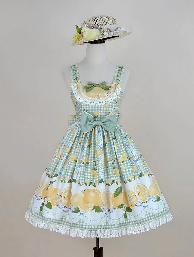 Chick Lolita Waist High Print Green Gingham and Lemon Dress Sweet