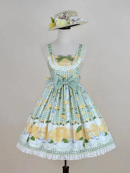 Chick Lolita Waist High Print Green Gingham and Lemon Dress Sweet