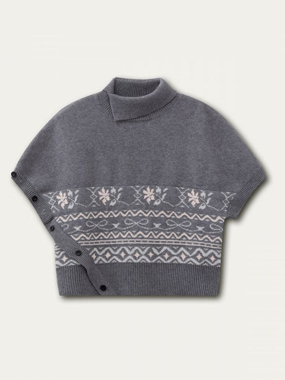 Short Pattern Sleeve Vintage with Gray Elegant Asymmetrical Sweater