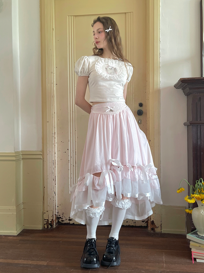 Pink Tea Length High-low Skirt with Bow Accents