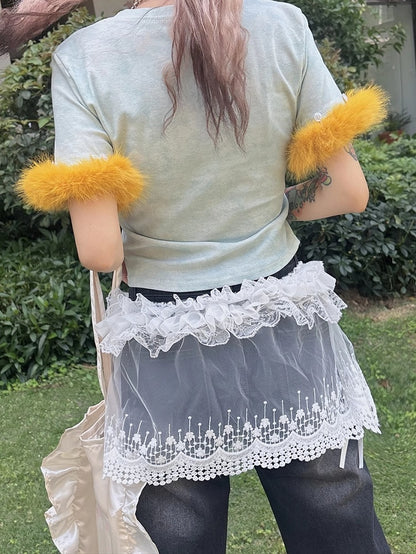 ほろ苦い刺繍入りホワイトY2Kカフトリムパンツフローラルシアーレースアクセサリーフリル