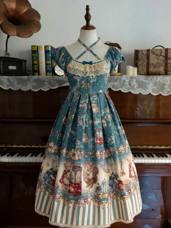 Teal Halter Lolita OP Dress with Popcorn Bear Print, Long/Short Version - Sweet Dream