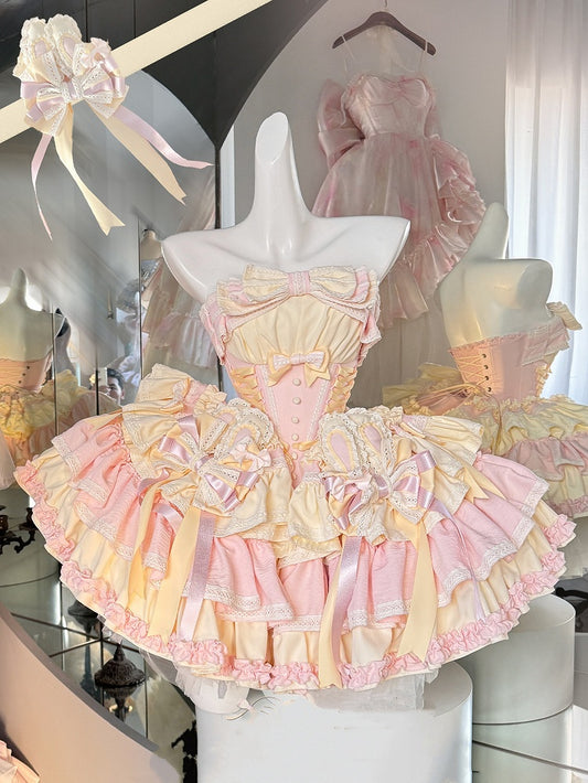 und Korsett mit Ohrenstäbchen, Schleife und Taille, rosa Rockkleid, bauschig, Hase auf süßem gelbem Design