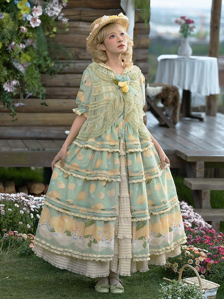 Button Lemon Print Short Skirt Placket Lolita Sleeves Tiered and Front Dress Green Chick