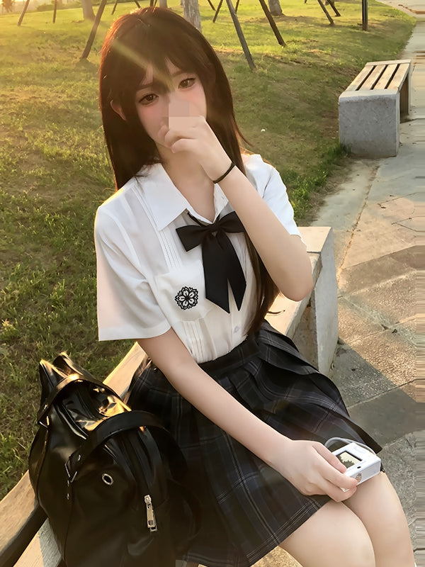 White Style Floral Uniform Shirt Short JK Pleating Details Embroidery Sleeves Preppy