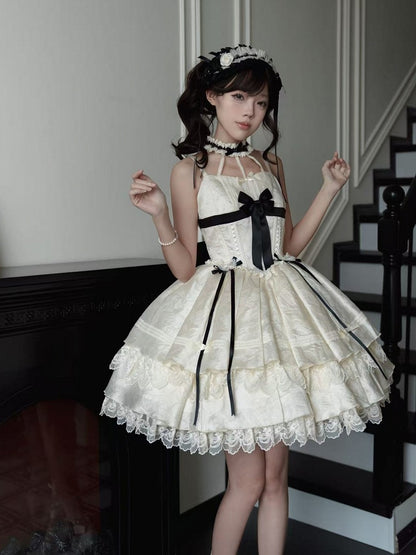 Apricot Lace-Trim JSK Dress with Black Bows - Die Die Zi