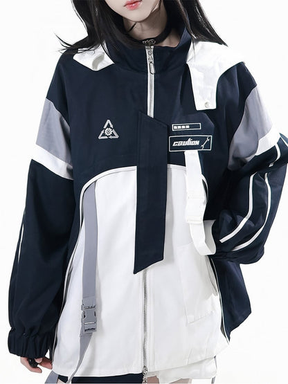 Techwear White and Embroidered | Unisex Blue Jacket Symbols Panels Geometric Asymmetric Futuristic