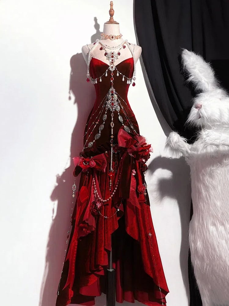 Rot/schwarzes Meerjungfrauenrock-Abendkleid aus Samt mit rückenfreiem Sirenenkleid (Nur Kleid! Accessoires im Lieferumfang enthalten)