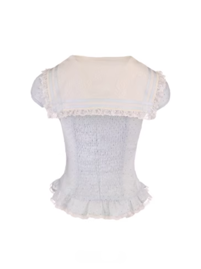 Collar Cap Top With Sailor Sleeves Chiffon Blue