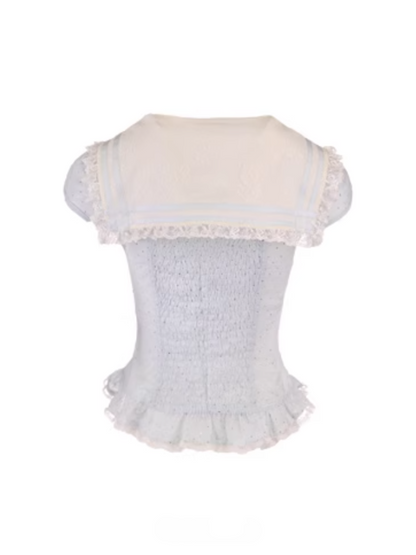 Collar Cap Top With Sailor Sleeves Chiffon Blue