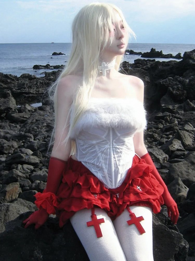 Gothic White Plush Neckline Butterfly Semi-sheer Boned Corset