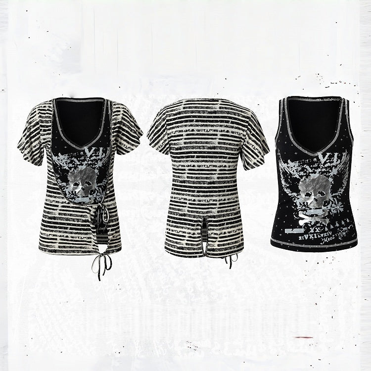 Black White Street Punk Two-Piece Set with Asymmetric Top and Skull Tank - NO ROMANCE
