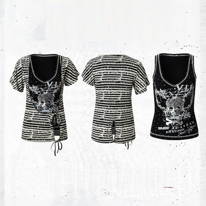 Black White Street Punk Two-Piece Set with Asymmetric Top and Skull Tank - NO ROMANCE
