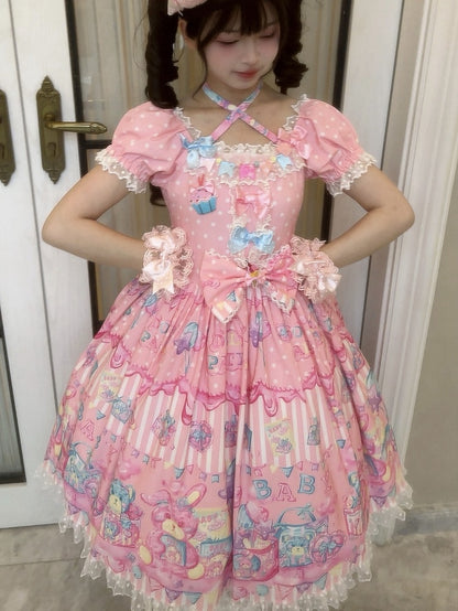 ロリータバニースイートショートプリントパフスリーブテディピンクとドール