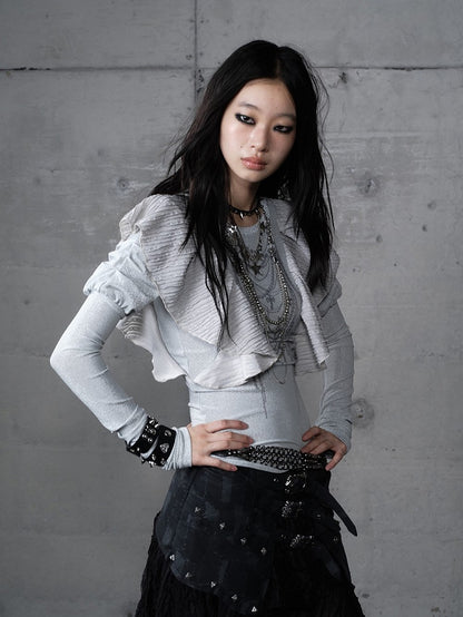 Chain Juliette Sleeves Flutter Blue Overlays Print Dusty with Top