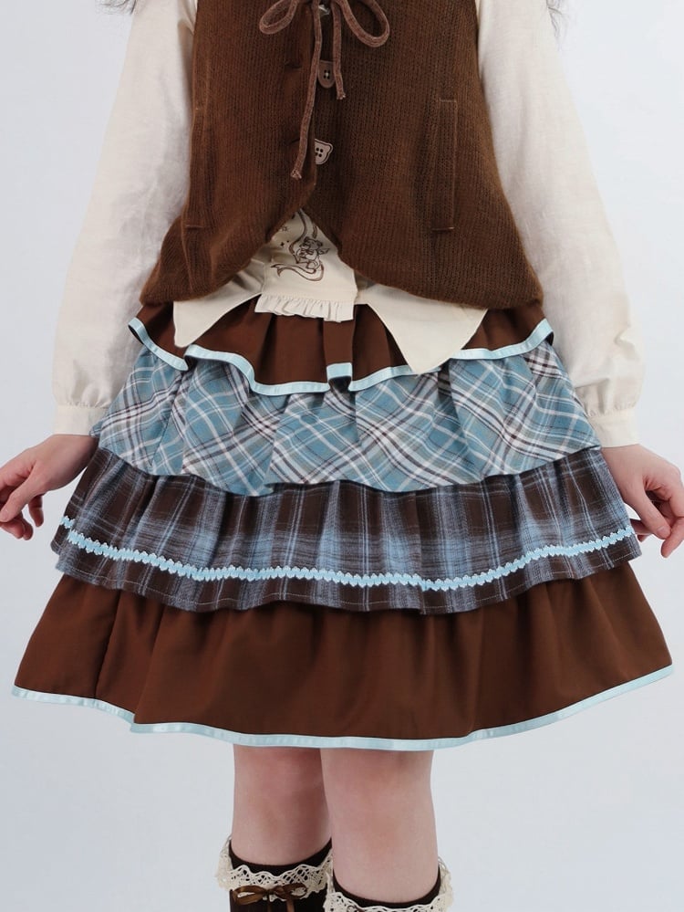 Ruffles Plaid Tiered Sweet Lolita Blue Brown Skirt