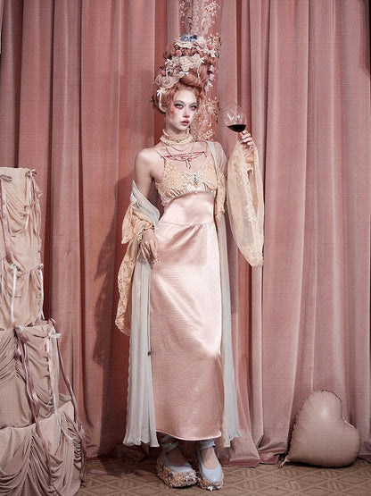 Baby Blue Bell Sleeve Flared Robe with Apricot Lace Details - Blood Supply