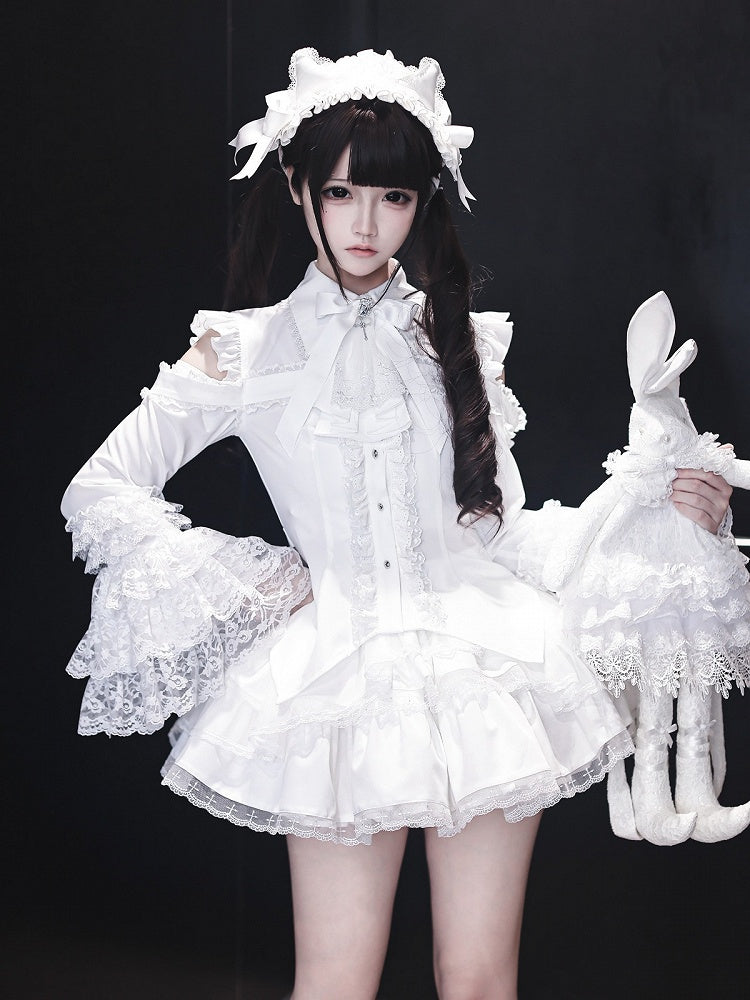 White Landmine Hairband with Bow Lace and Kitty Ear Accents - Ekomi