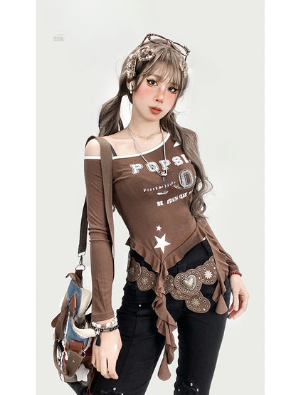 コーヒーアシンメトリーヘムトップス