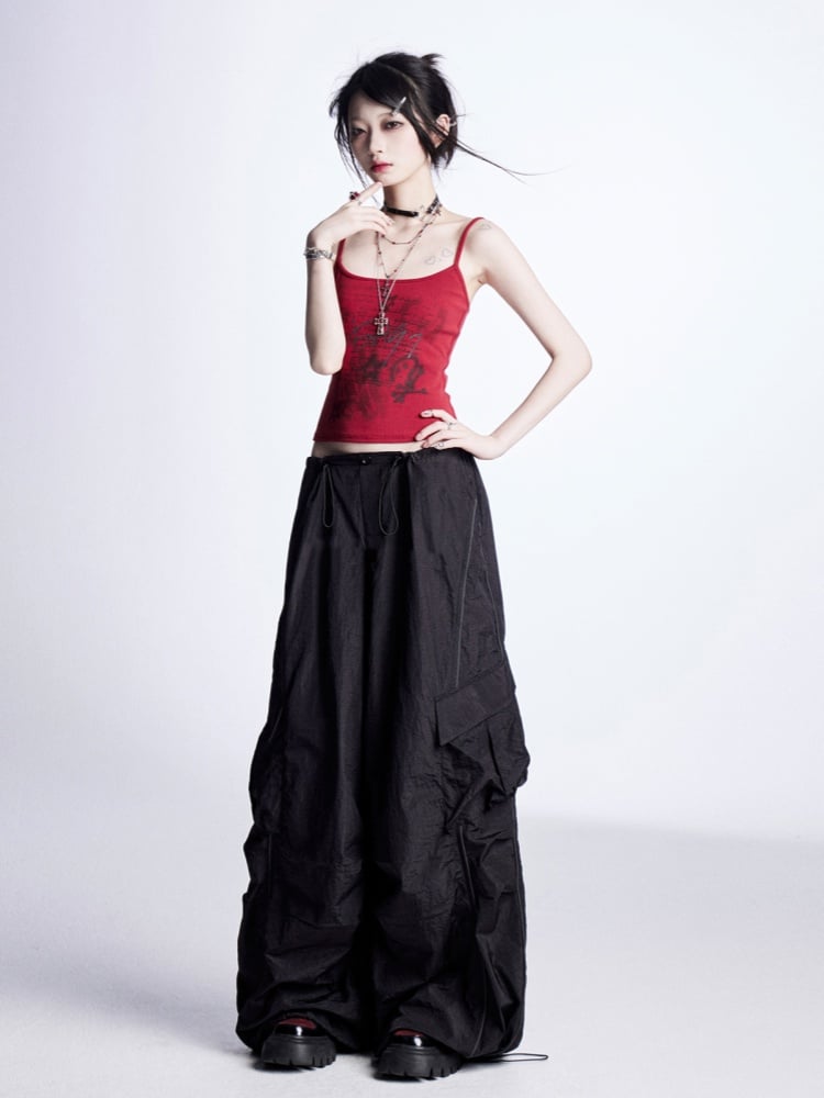 Weite Cargohose mit Kordelzug an den Bündchen Vintage Schwarz Niedrig