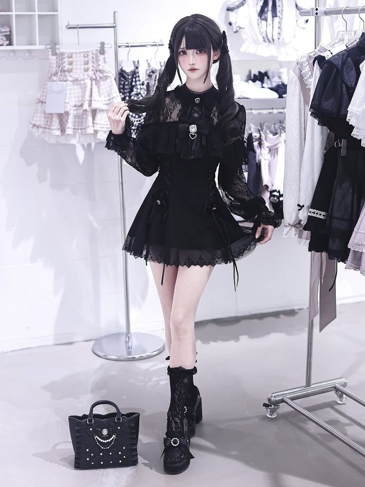 Jirai Kei Black Lace Long-Sleeve Dress with Shorts & Bow Tie Three-Piece Set - Ekomi