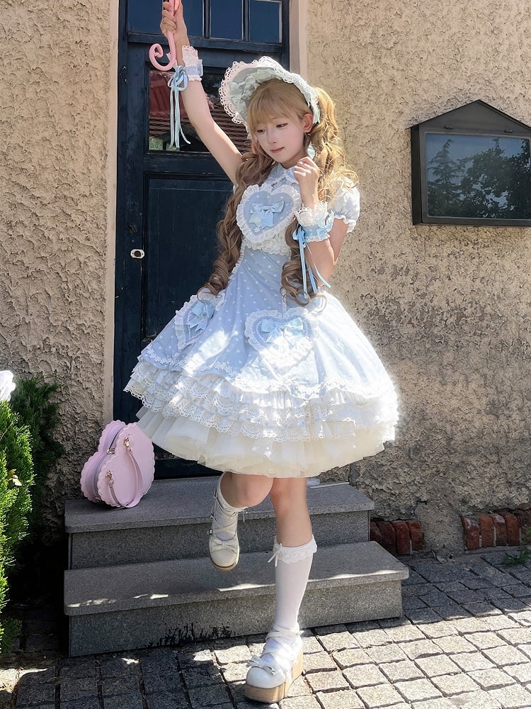 White Dot Applique Dress Sweet Accents with Blue Bow Polka Sweetheart Lolita Heart