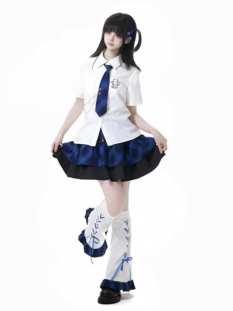 White Blue Plaid Hem Lace-up Detail Leg Warmers