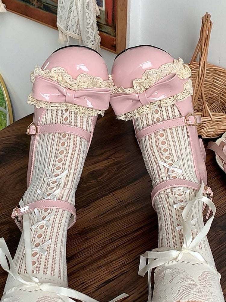Mary Lolita Lace Leather with Heel Detail Mid - Jane PU Shoes Pink