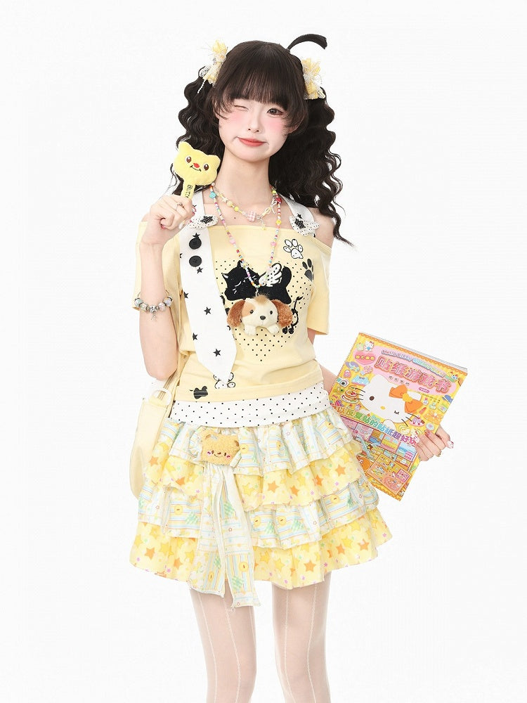 Halter Top with Kitten Embroidery & Polka Dots, Yellow, Short Sleeve - Languid Park