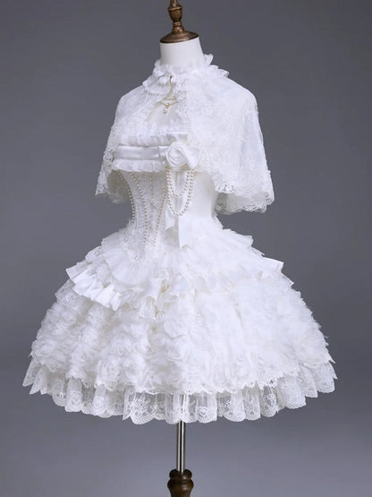Snow Theme Elegant JSK Dress with Pearl and Floral Brooch - Airfreeing