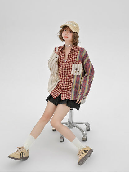 Retro Colorblock Plaid Striped Long Sleeve Shirt - sijinstudio