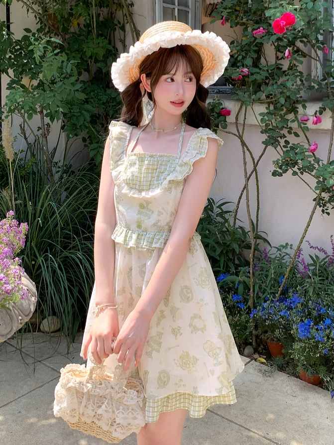 Kei グリーン チェック柄 フラッタースリーブ ホルターネック ドレス ライトカートゥーンプリント モリ