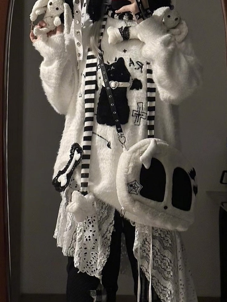 Detail Katzengürtel Pullover Kragen Strick Flockstickerei - Kawaii Weiß/Schwarz