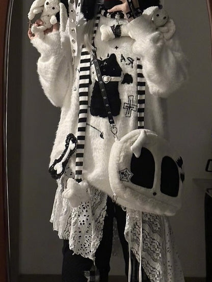 Detail Katzengürtel Pullover Kragen Strick Flockstickerei - Kawaii Weiß/Schwarz